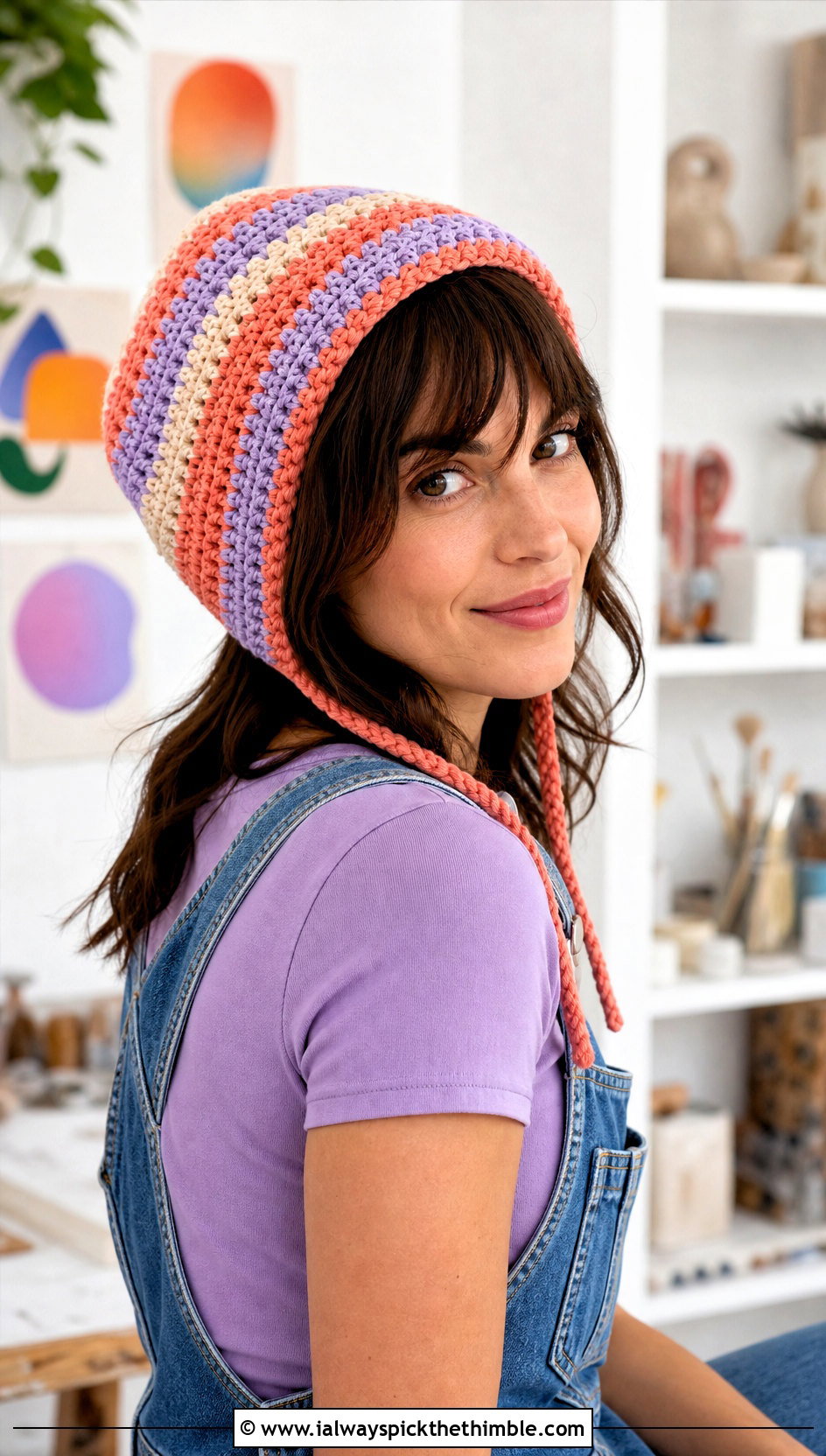 Striped Crochet Bonnet With Denim Overalls - 20 Easy Crochet Bonnet outfit ideas