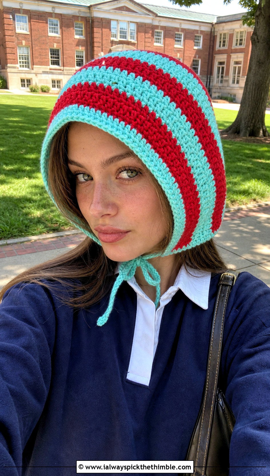 Striped Crochet Bonnet With Rugby Shirt - 25 crochet bonnet outfit ideas