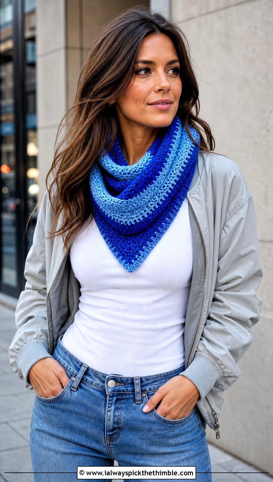 Striped Crochet Boomerang Scarf With Straight Leg Jeans - 15 Crochet Boomerang Scarf outfit ideas