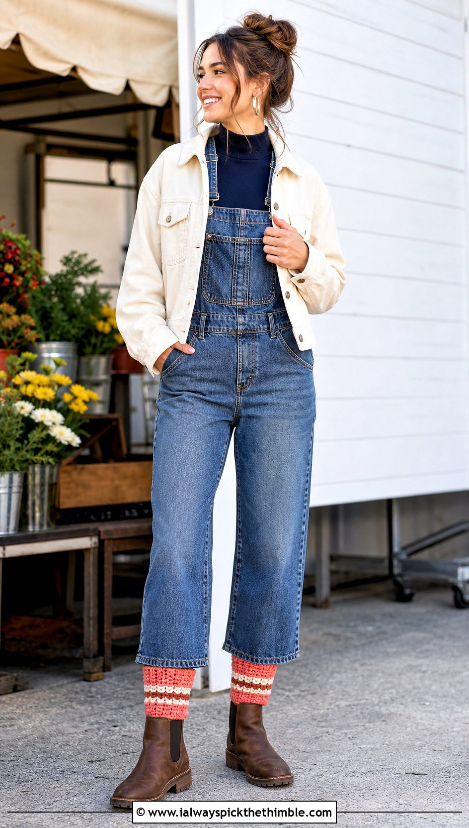 Striped Crochet Boot Cuffs With Denim Overalls - 25 crochet boot cuffs outfit ideas