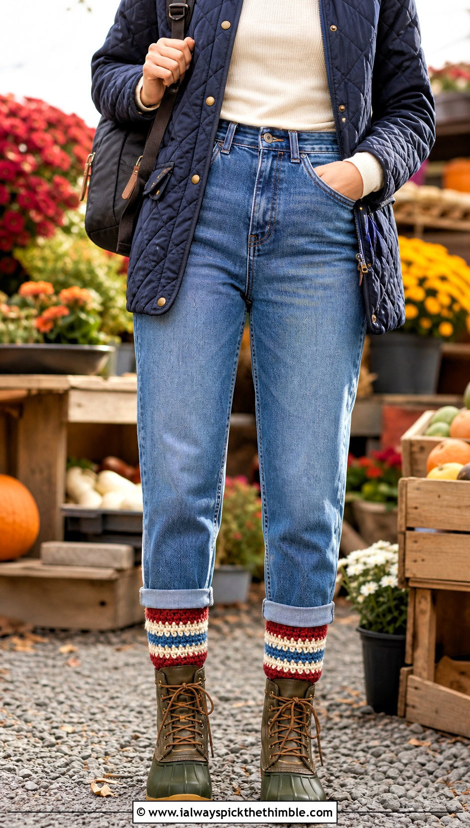 Striped Crochet Boot Cuffs With Mom Jeans And Duck Boots - 20 crochet boot cuff outfit ideas