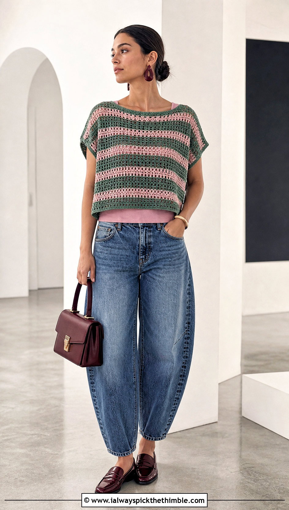 Striped Crochet Boxy Top With Barrel Jeans - 25 striped crochet top outfit ideas