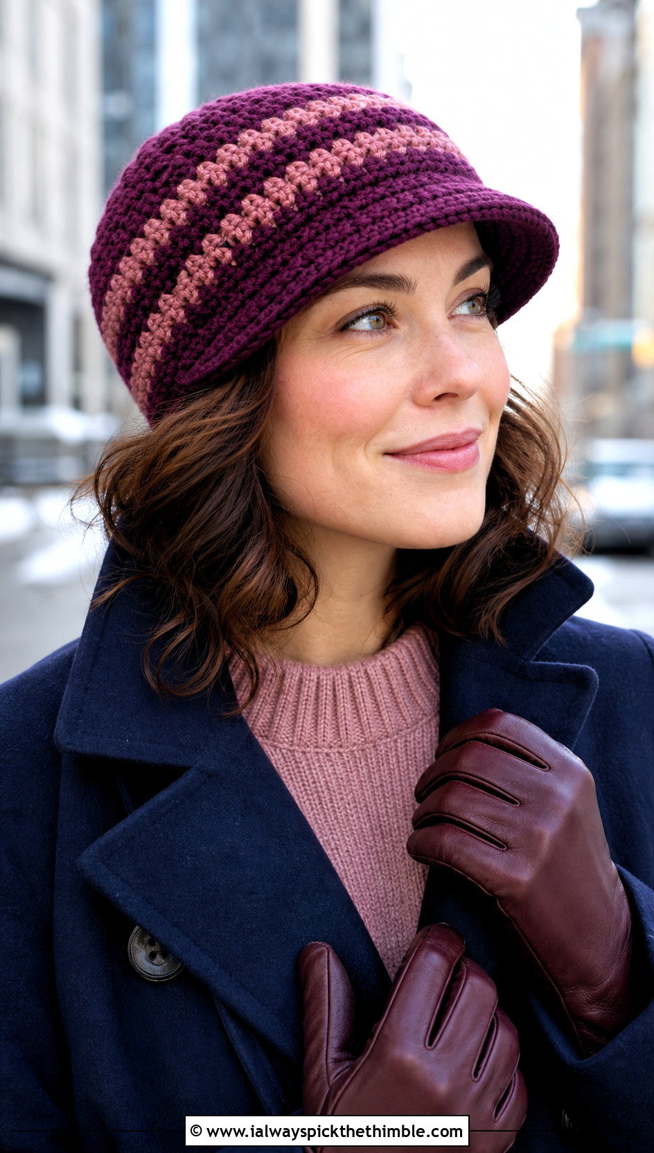 Striped Crochet Brimmed Beanie With Peacoat And Dark Jeans - 20 striped crochet hat outfit ideas