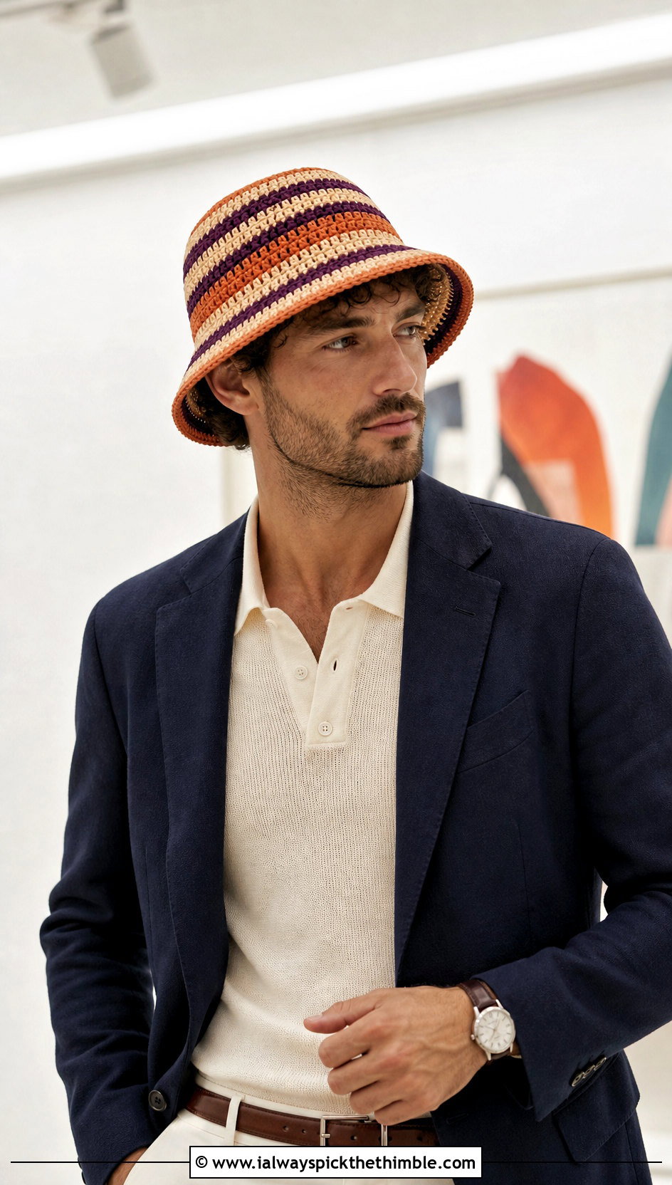 Striped Crochet Bucket Hat With Blazer And Pleated Trousers - 15 men's crochet bucket hat outfit ideas