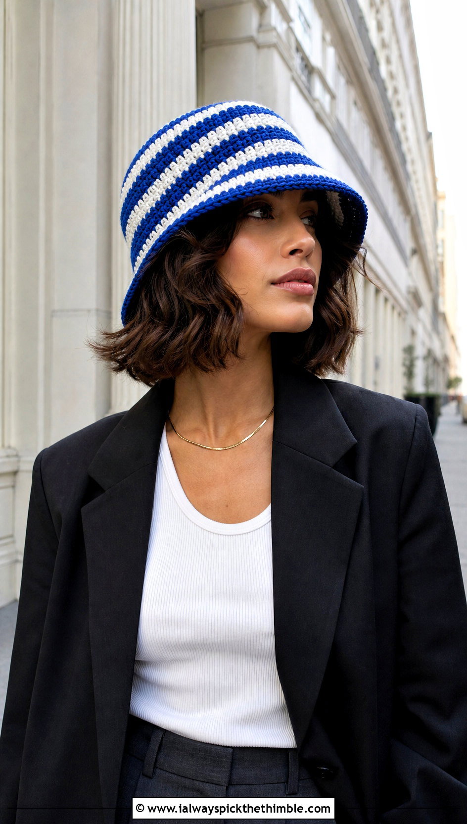 Striped Crochet Bucket Hat With Blazer And Trousers - 15 crochet trendy bucket hat outfit ideas