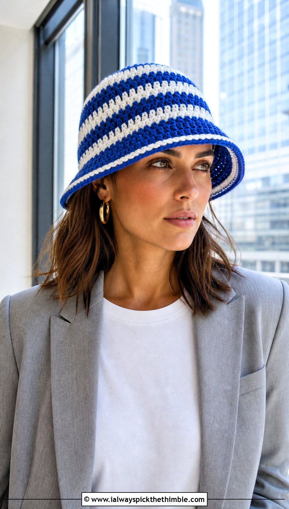 Striped Crochet Bucket Hat With Blazer And Trousers - 20 striped crochet hat outfit ideas