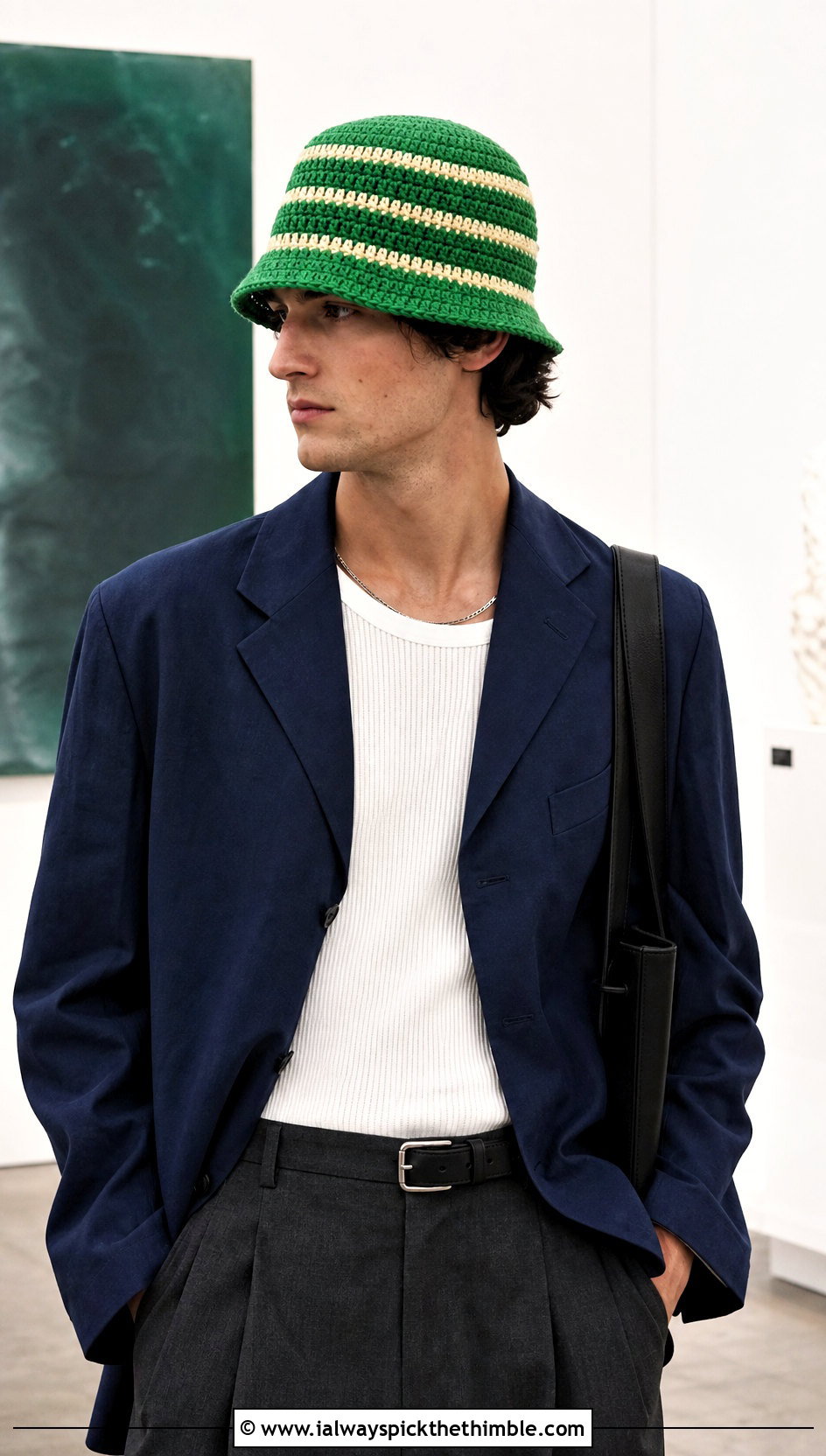 Striped Crochet Bucket Hat With Blazer And Trousers - 15 Crochet Mens Bucket Hat outfit ideas
