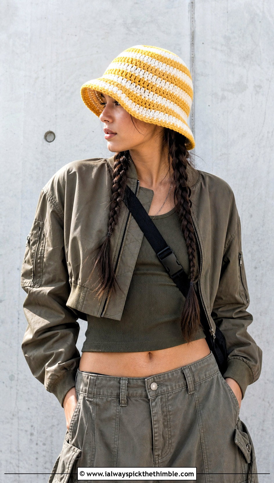 Striped Crochet Bucket Hat With Braids And Cargo Pants - 20 crochet hat with hair outfit ideas