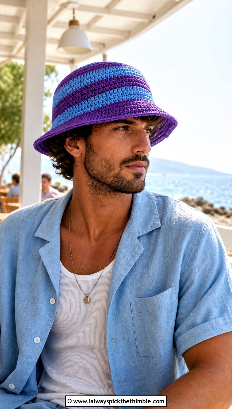 Striped Crochet Bucket Hat With Camp Shirt And Chinos - 25 crochet hat for men outfit ideas