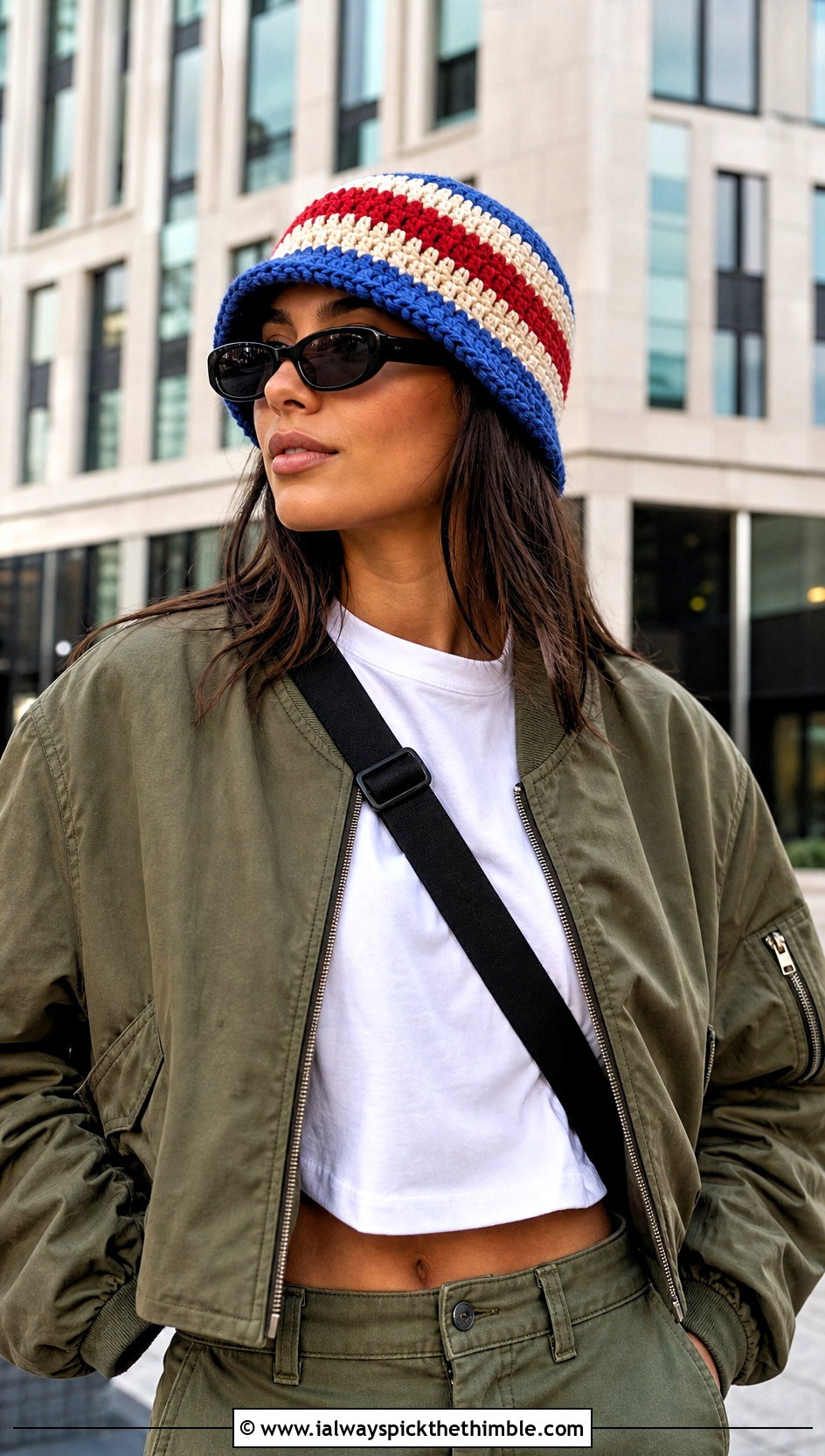 Striped Crochet Bucket Hat With Cargo Pants - 20 crochet women's hat outfit ideas