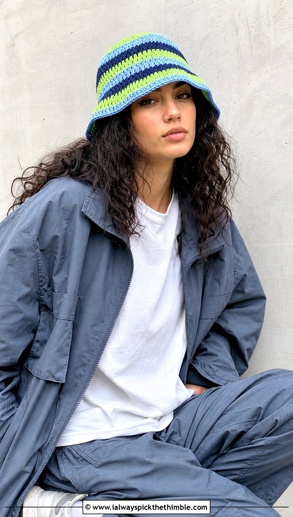 Striped Crochet Bucket Hat With Cargo Pants - 25 easy crochet hat outfit ideas