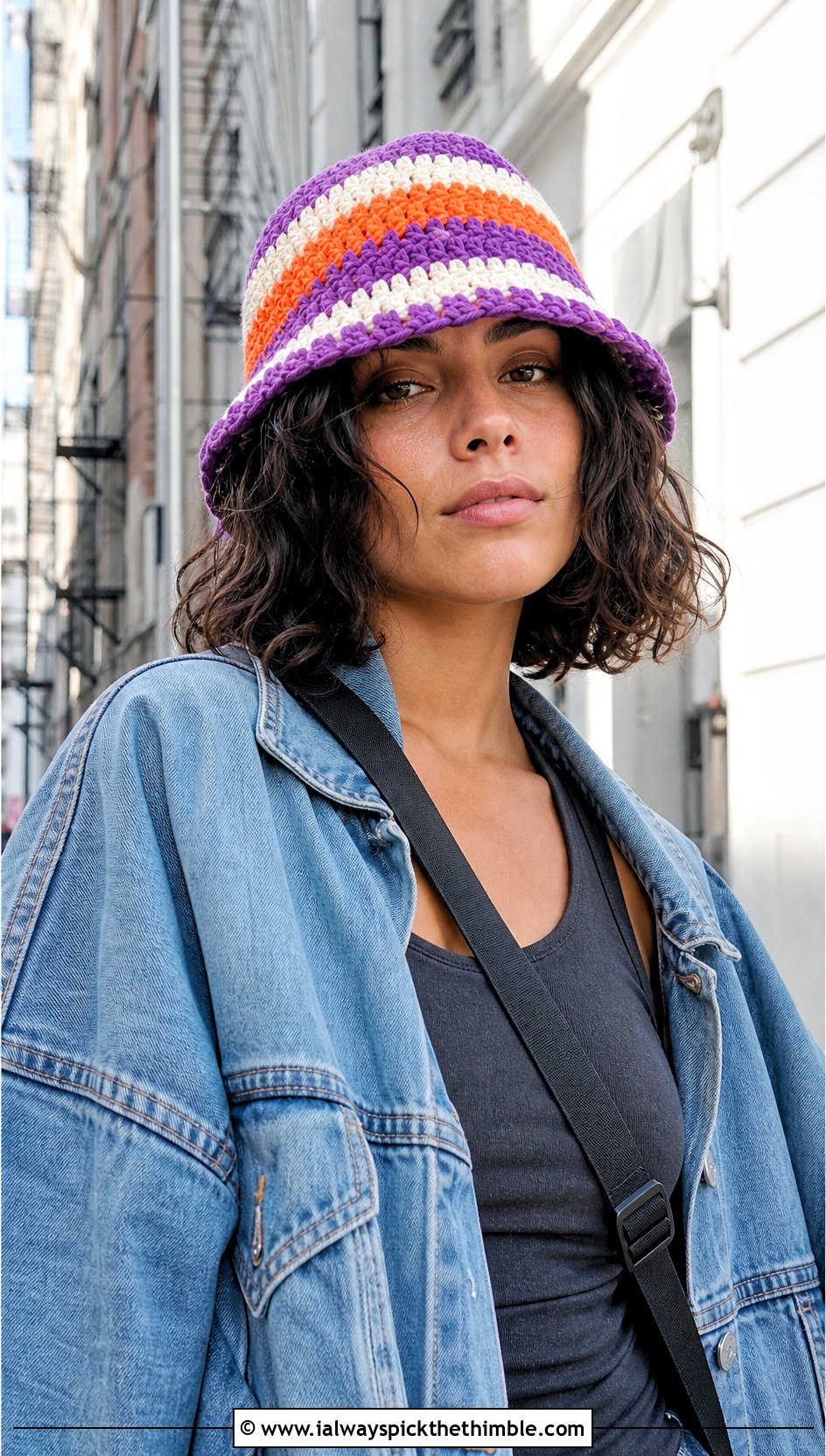 Striped Crochet Bucket Hat With Denim Jacket And Cargo Pants - 25 crochet hat outfit ideas