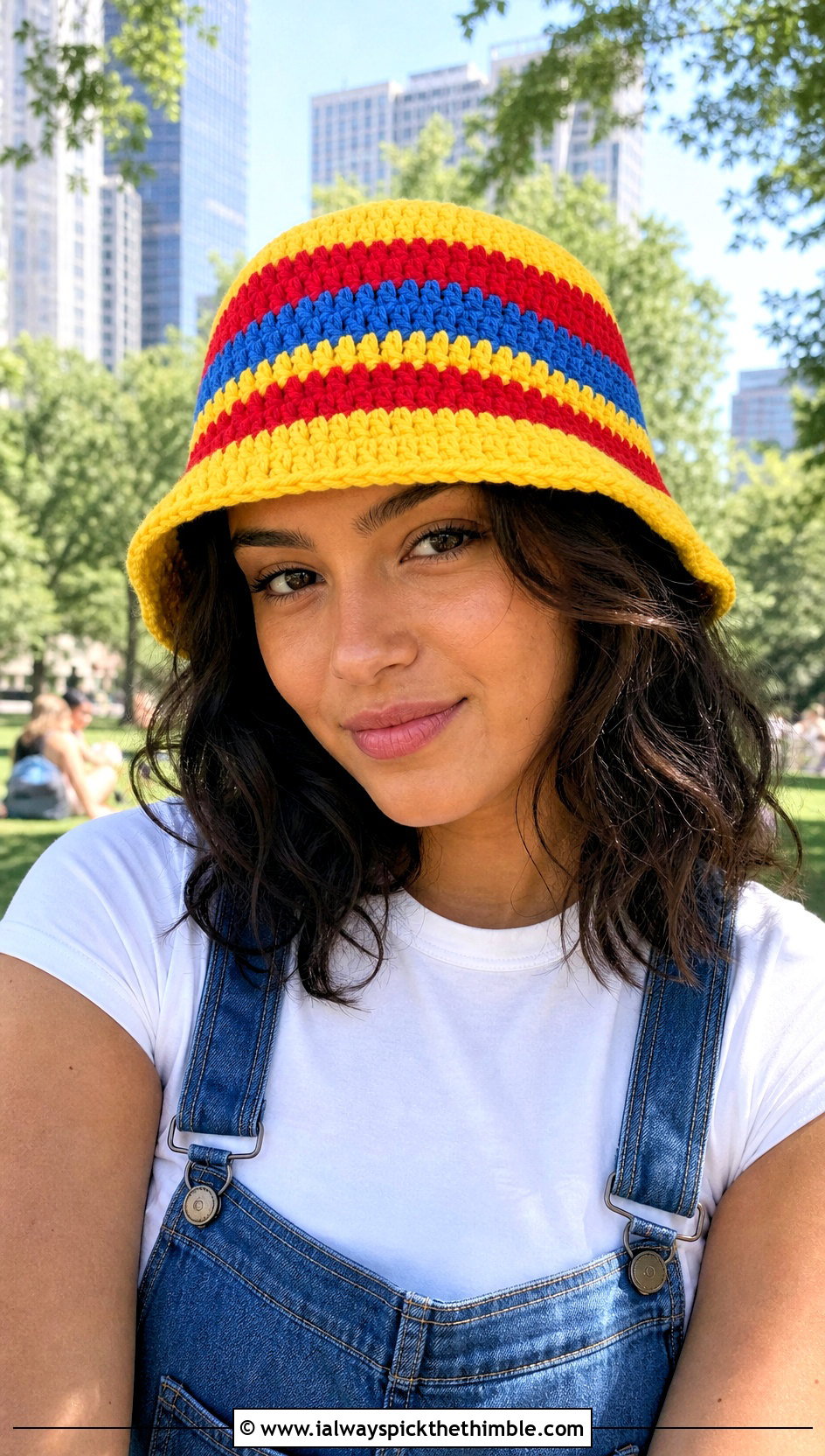 Striped Crochet Bucket Hat With Denim Overalls - 20 crocheting bucket hat outfit ideas