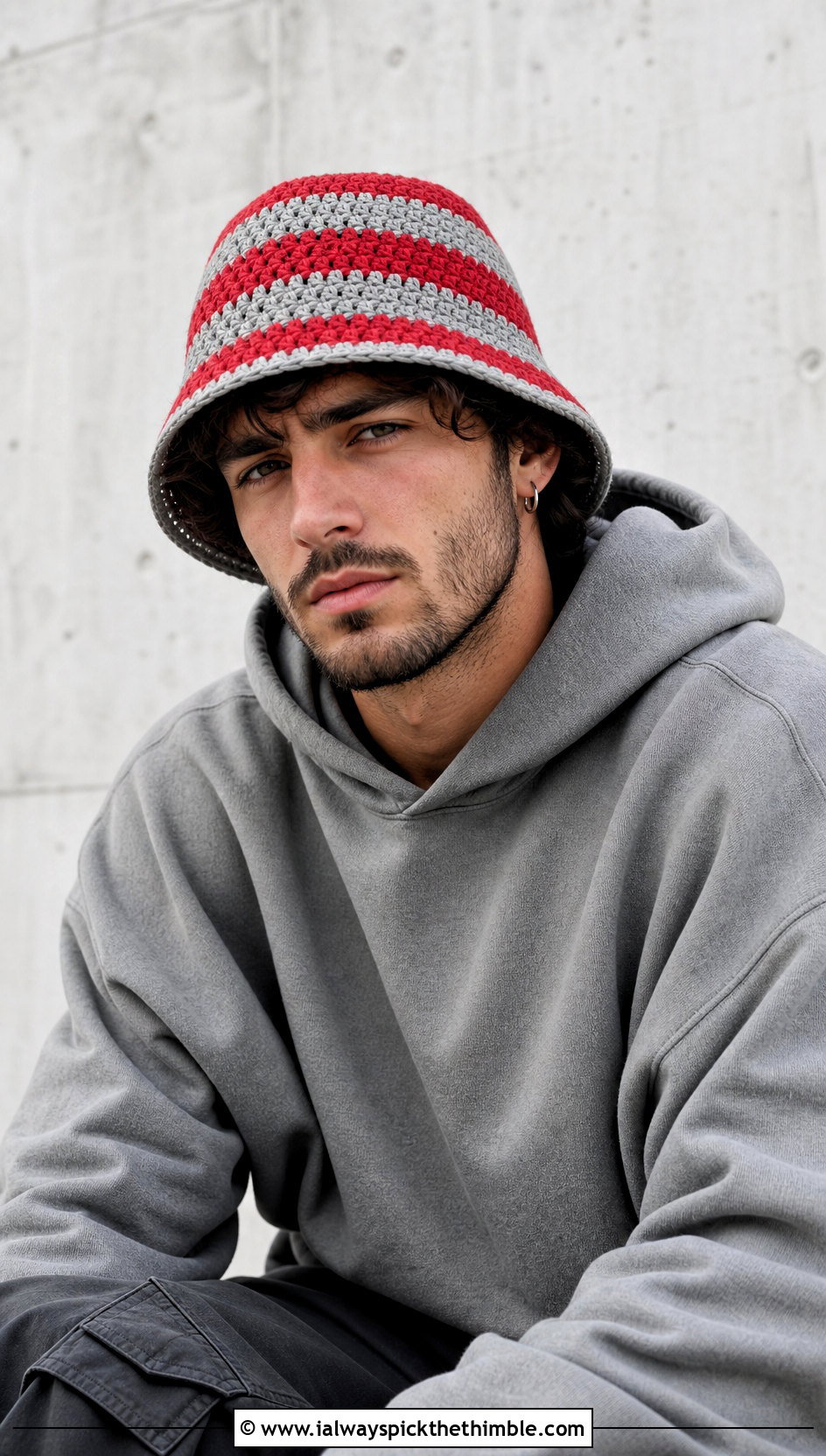 Striped Crochet Bucket Hat With Gray Hoodie And Cargo Pants - 25 men crochet bucket hat outfit ideas
