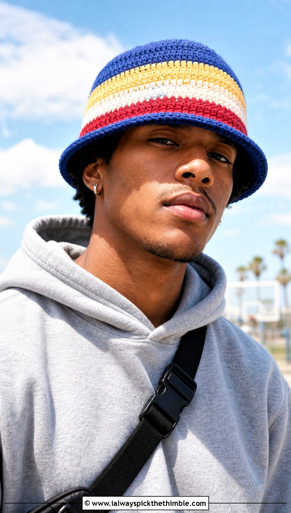 Striped Crochet Bucket Hat With Hoodie And Tailored Shorts - 20 men crochet hat outfit ideas