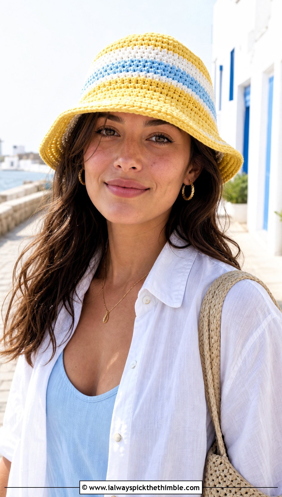 Striped Crochet Bucket Hat With Linen Shirt And Shorts - 20 Crochet Bucket Hat Design Ideas