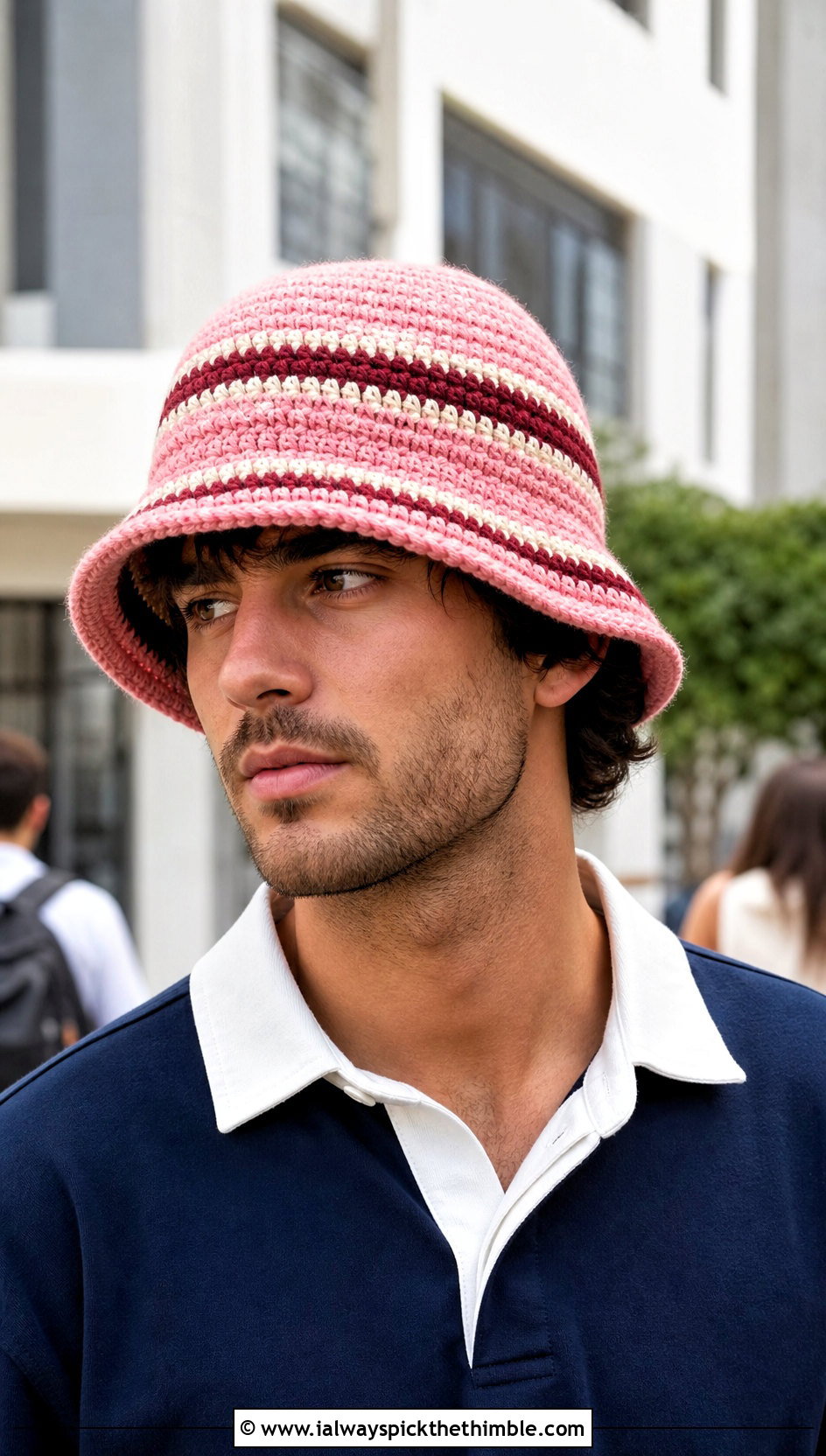 Striped Crochet Bucket Hat With Rugby Shirt - 25 crochet hat men outfit ideas