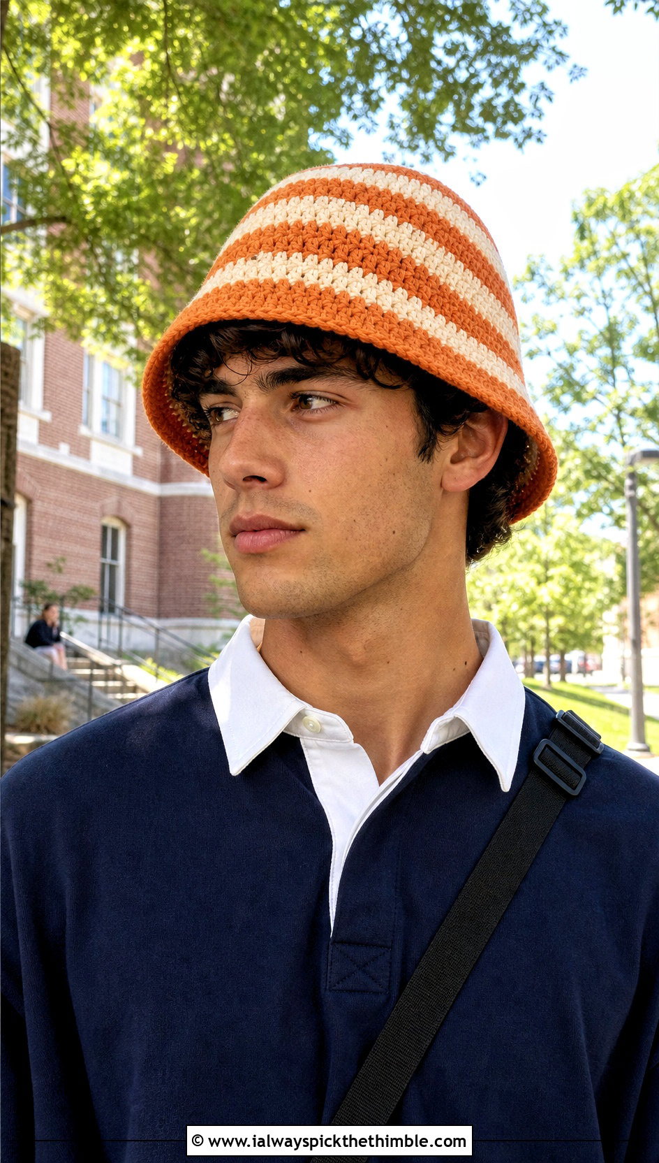 Striped Crochet Bucket Hat With Rugby Shirt - 25 crochet hats for men outfit ideas