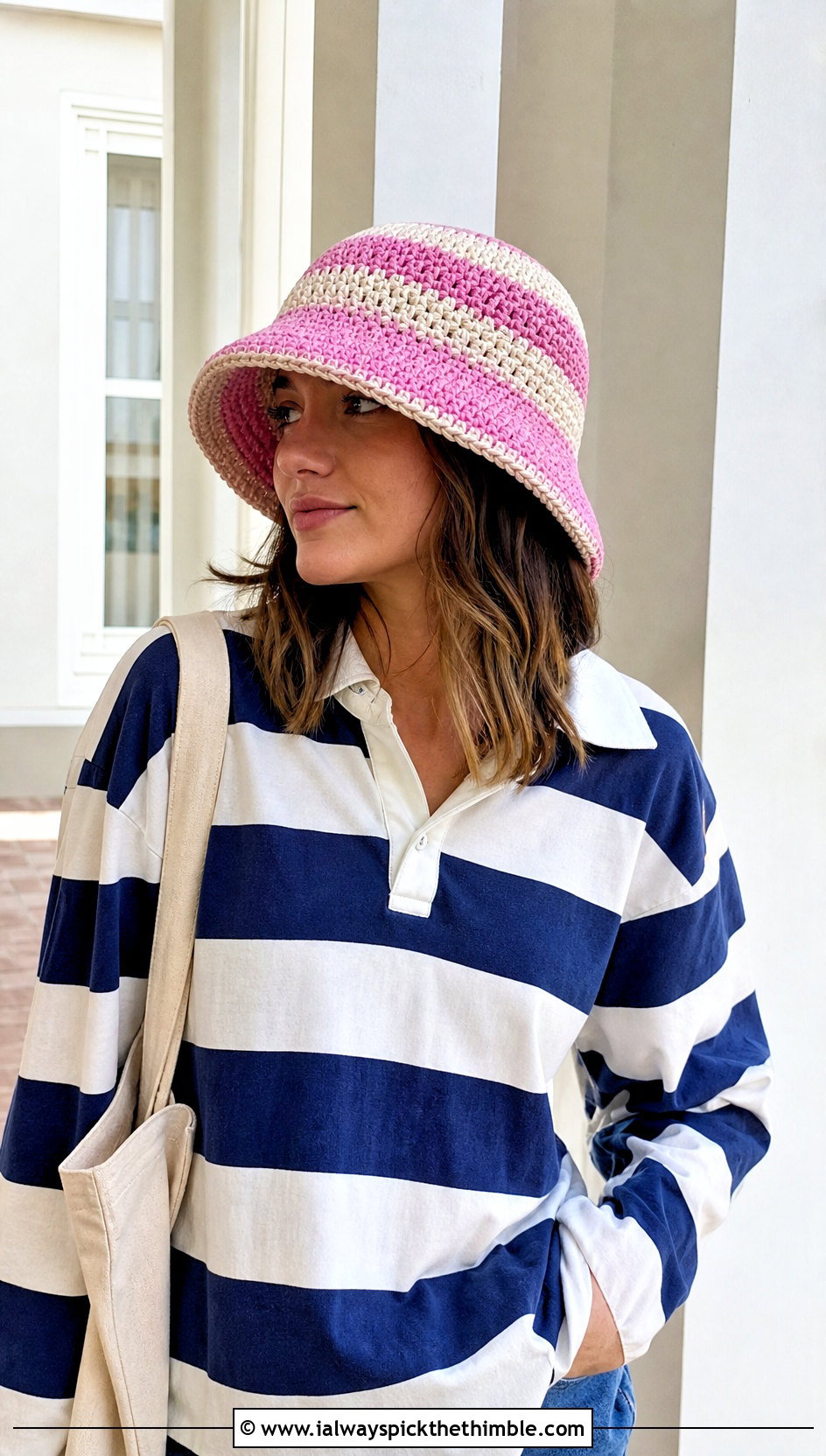 Striped Crochet Bucket Hat With Rugby Shirt - 20 Unisex Crochet Hat outfit ideas