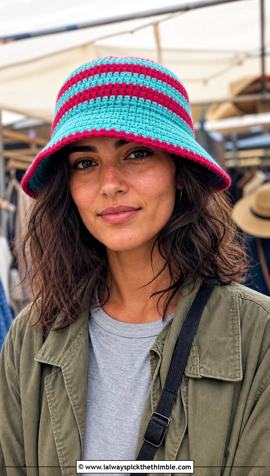 Striped Crochet Bucket Hat With T Shirt And Utility Pants - 20 Easy Crochet Hats For Beginners outfit ideas