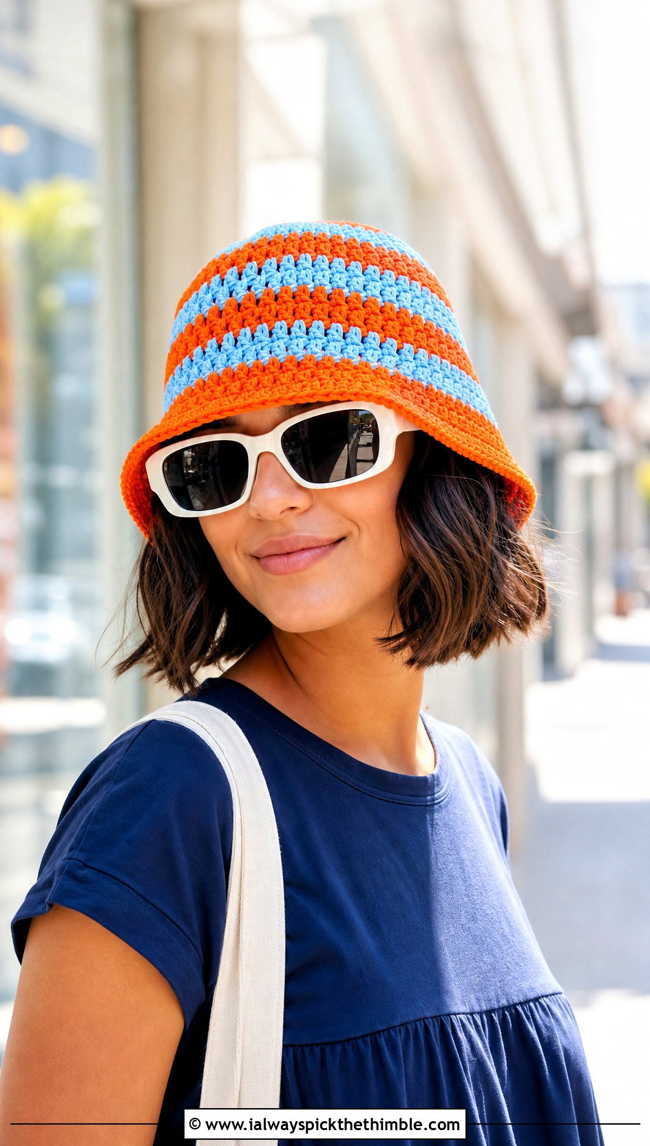 Striped Crochet Bucket Hat With T Shirt Dress - 20 Easy Crochet Bucket Hats outfit ideas