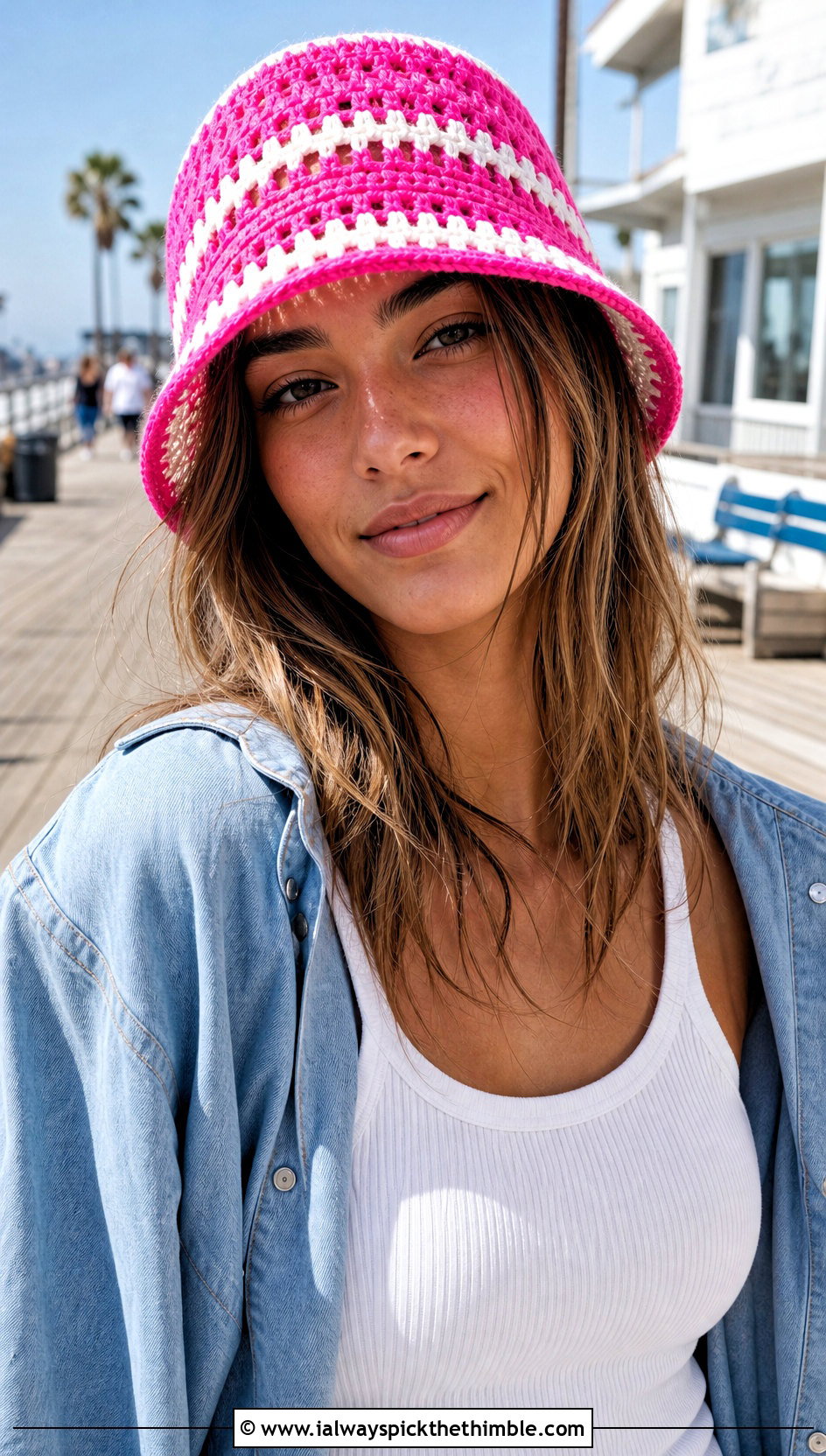 Striped Crochet Bucket Hat With Tank Top And Denim Shorts - 25 quick crochet hat outfit ideas