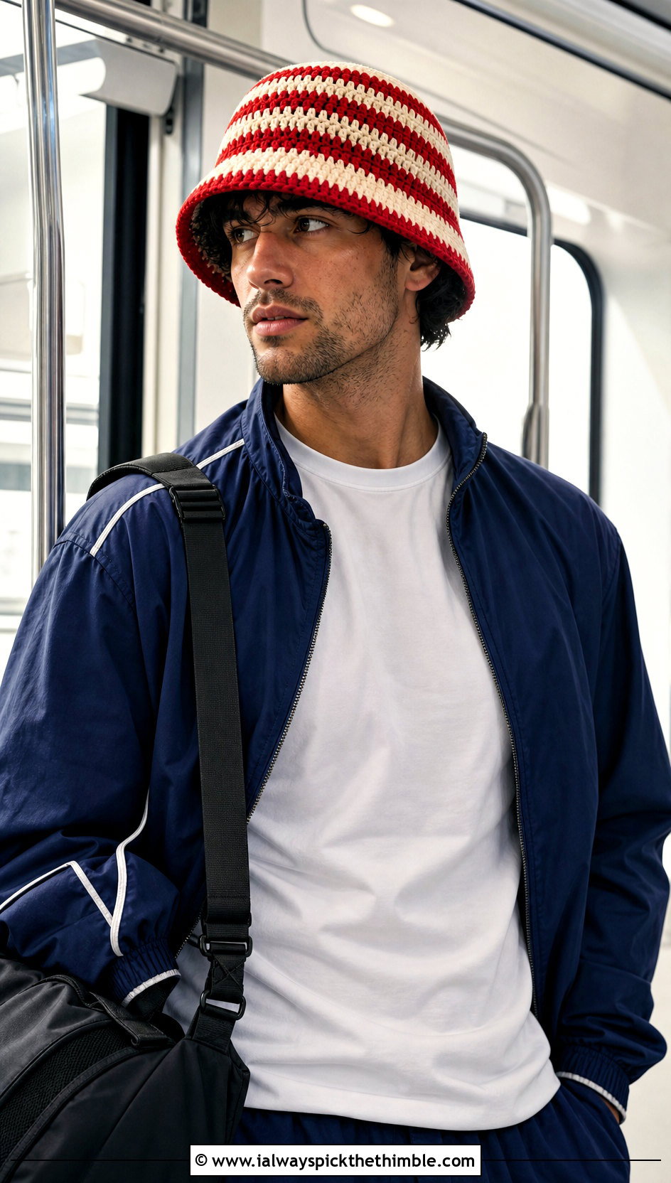 Striped Crochet Bucket Hat With Track Jacket And Joggers - 20 crochet bucket hat men outfit ideas