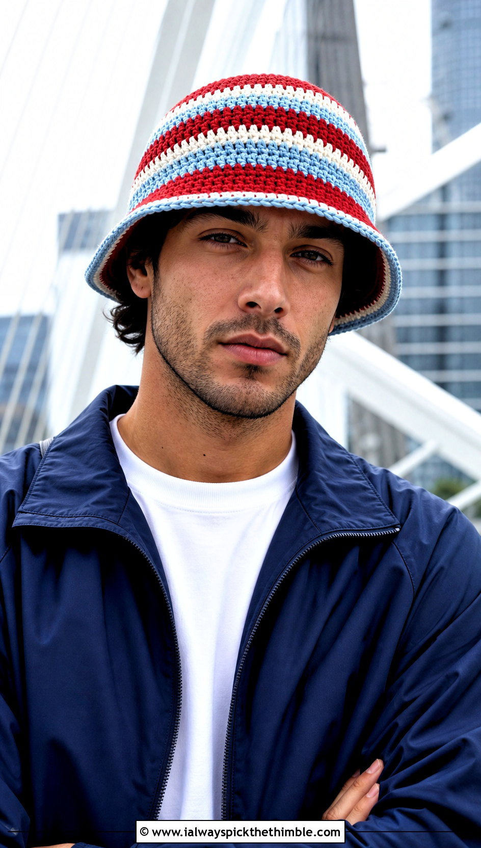 Striped Crochet Bucket Hat With Track Jacket - 25 crochet hats men outfit ideas