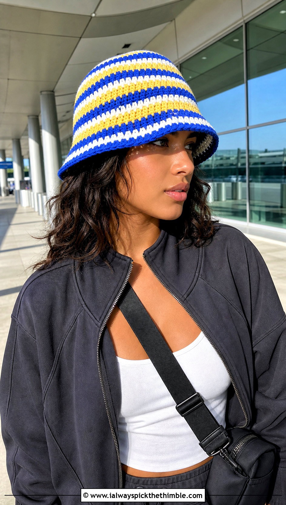 Striped Crochet Bucket Hat With Tracksuit - 25 easy crochet hats outfit ideas