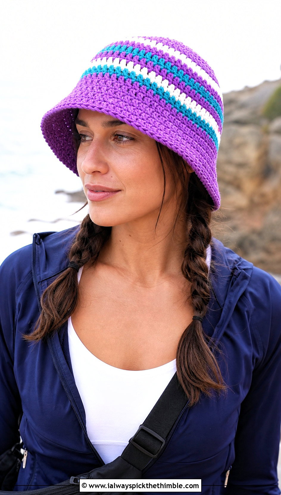 Striped Crochet Bucket Hat With Tracksuit - 25 crochet hats outfit ideas
