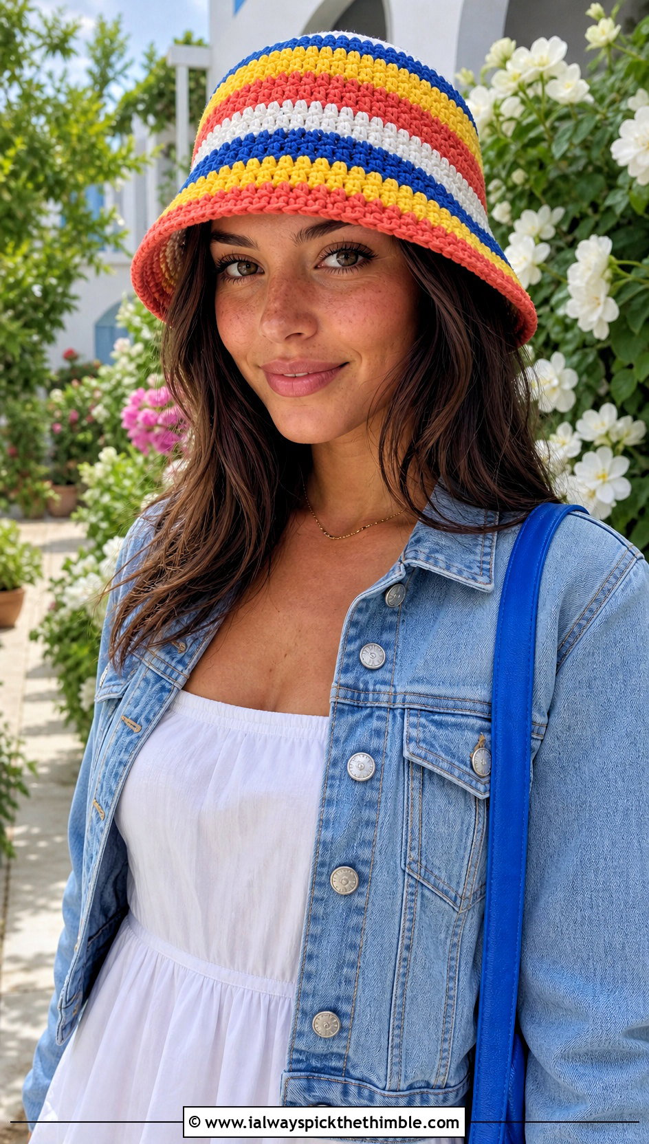Striped Crochet Bucket Hat With White Dress - 25 crocheted hats outfit ideas