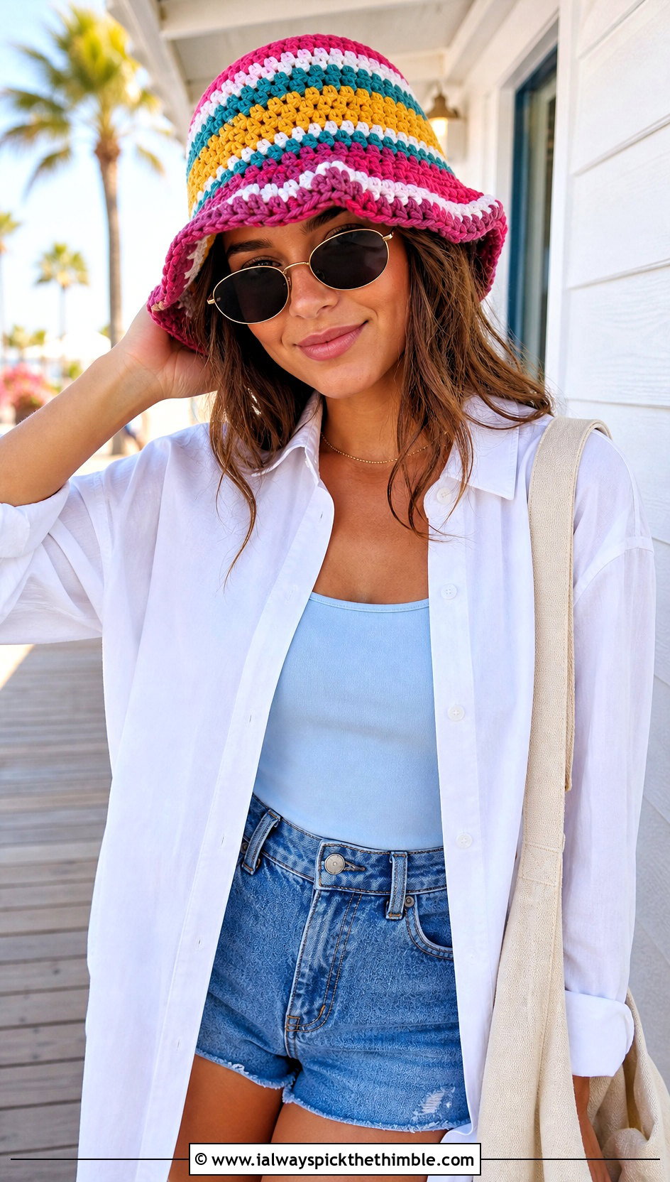 Striped Crochet Bucket Hat With White Shirt And Denim Shorts - 25 simple crochet hat outfit ideas
