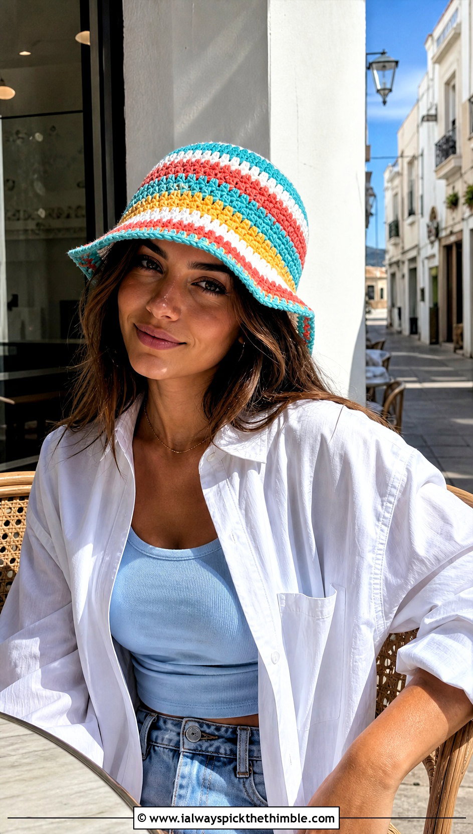 Striped Crochet Bucket Hat With White Shirt And Denim Shorts - 15 Ladies Crochet Summer Hats outfit ideas