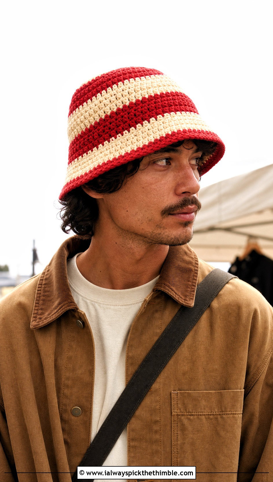 Striped Crochet Bucket Hat With Workwear Jacket - 25 men's crochet hat outfit ideas