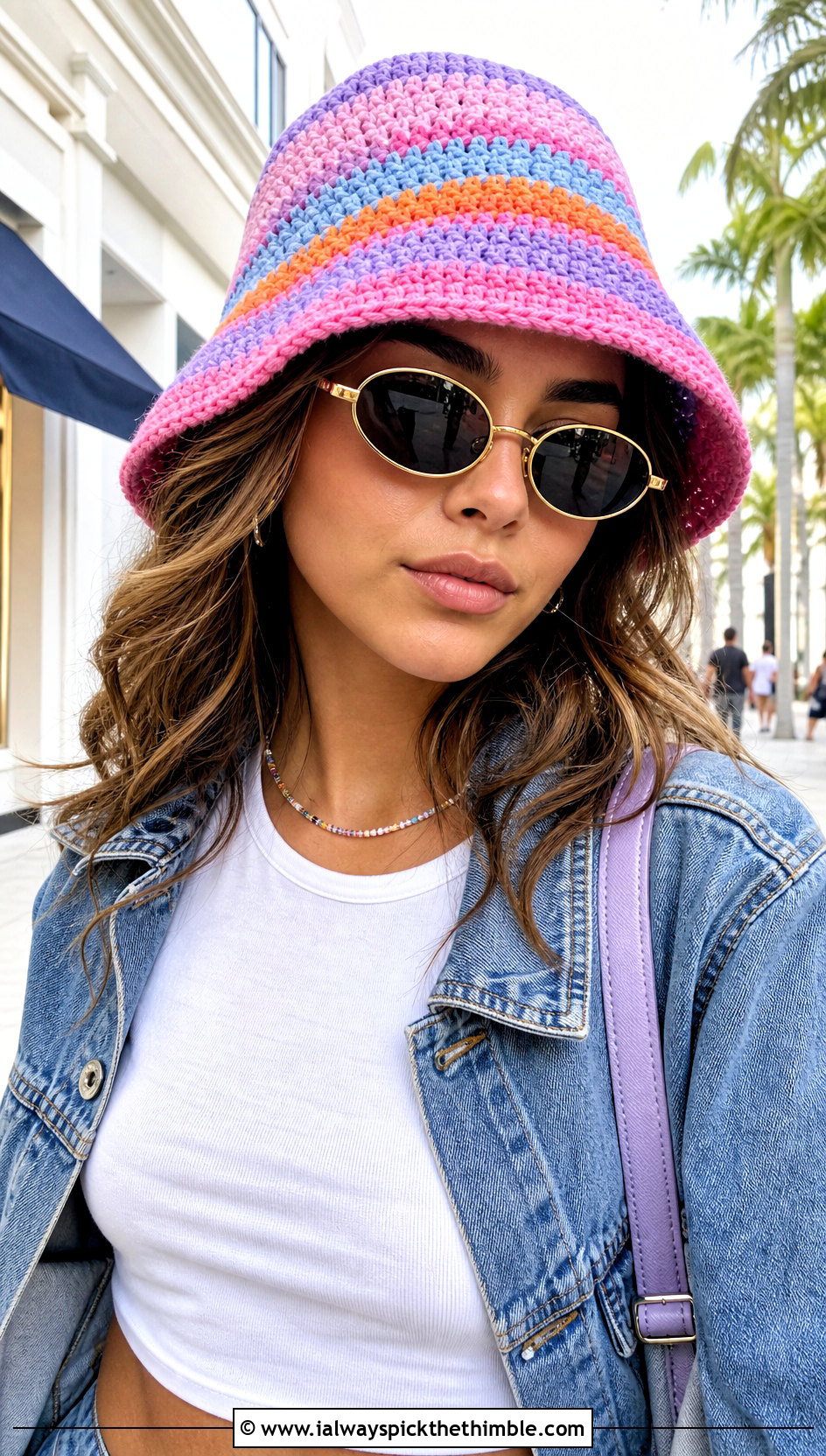 Striped Crochet Bucket Hat With Y2K Denim Skirt - 20 aesthetic crochet hat ideas