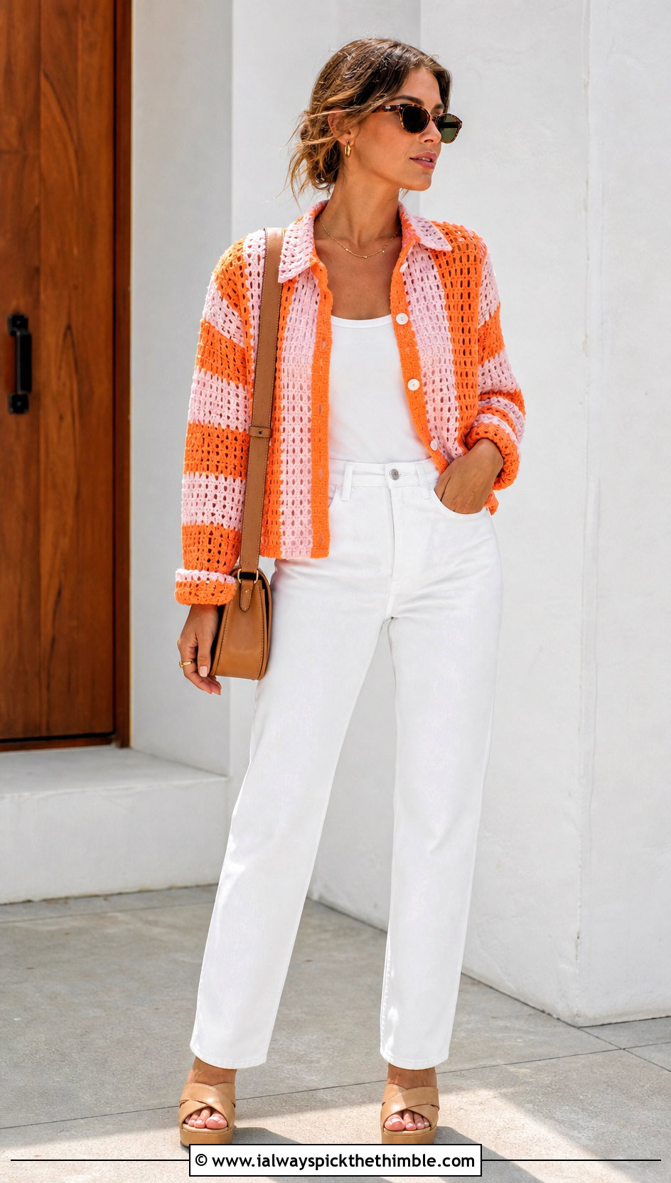 Striped Crochet Button Up Shirt With White Jeans - 25 crochet button up shirt outfit ideas