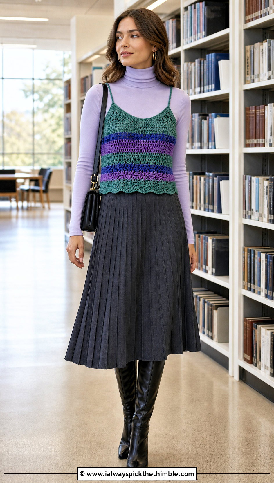 Striped Crochet Cami Top Over A Turtleneck - 20 crochet cami top outfit ideas