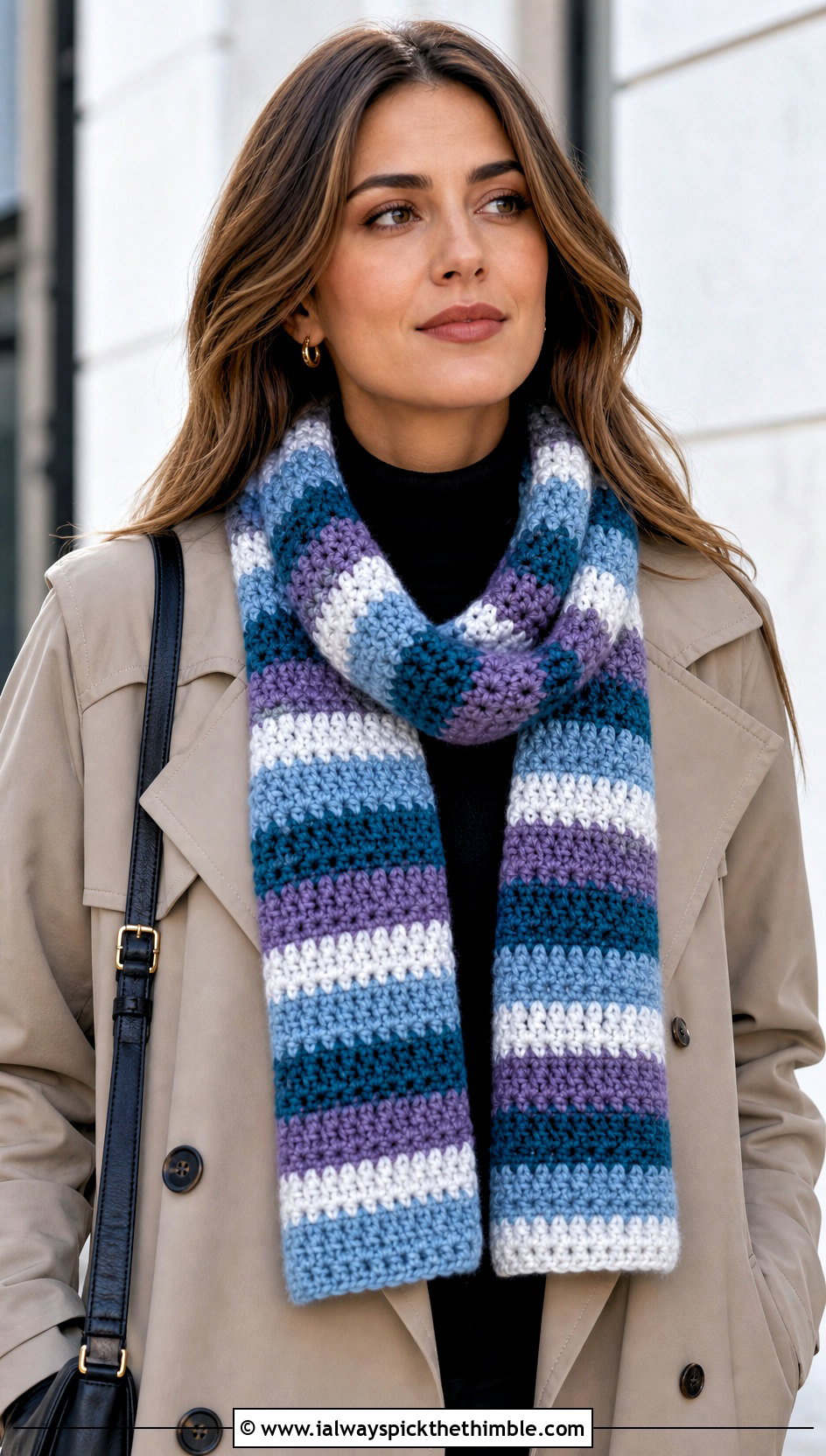 Striped Crochet Candy Scarf With Trench Coat - 15 crochet candy scarf outfit ideas