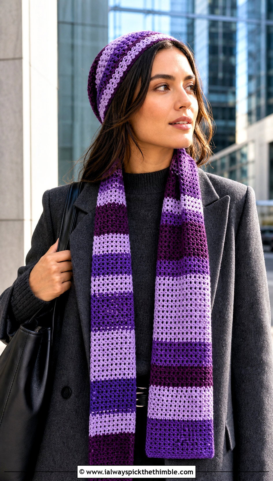 Striped Crochet Cap Scarf With Monochrome Outfit - 20 Crochet Cap Scarf outfit ideas