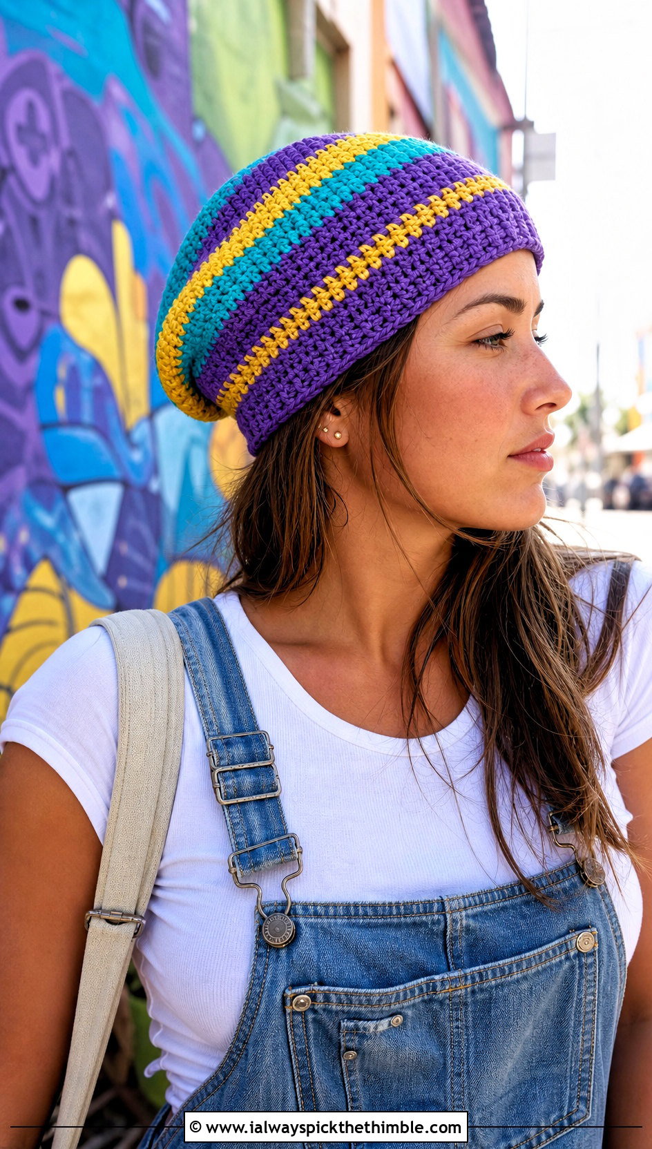 Striped Crochet Cap With Denim Overalls - 25 crochet caps outfit ideas