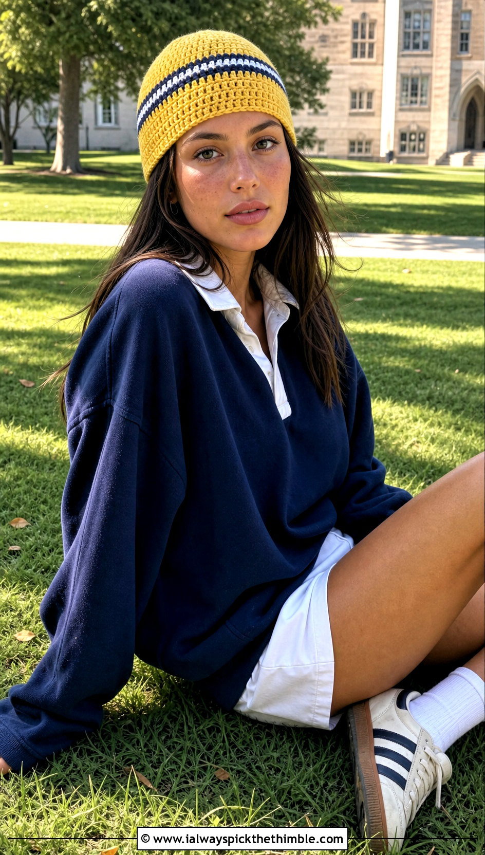 Striped Crochet Cap With Rugby Shirt And Shorts - 25 crochet cap outfit ideas