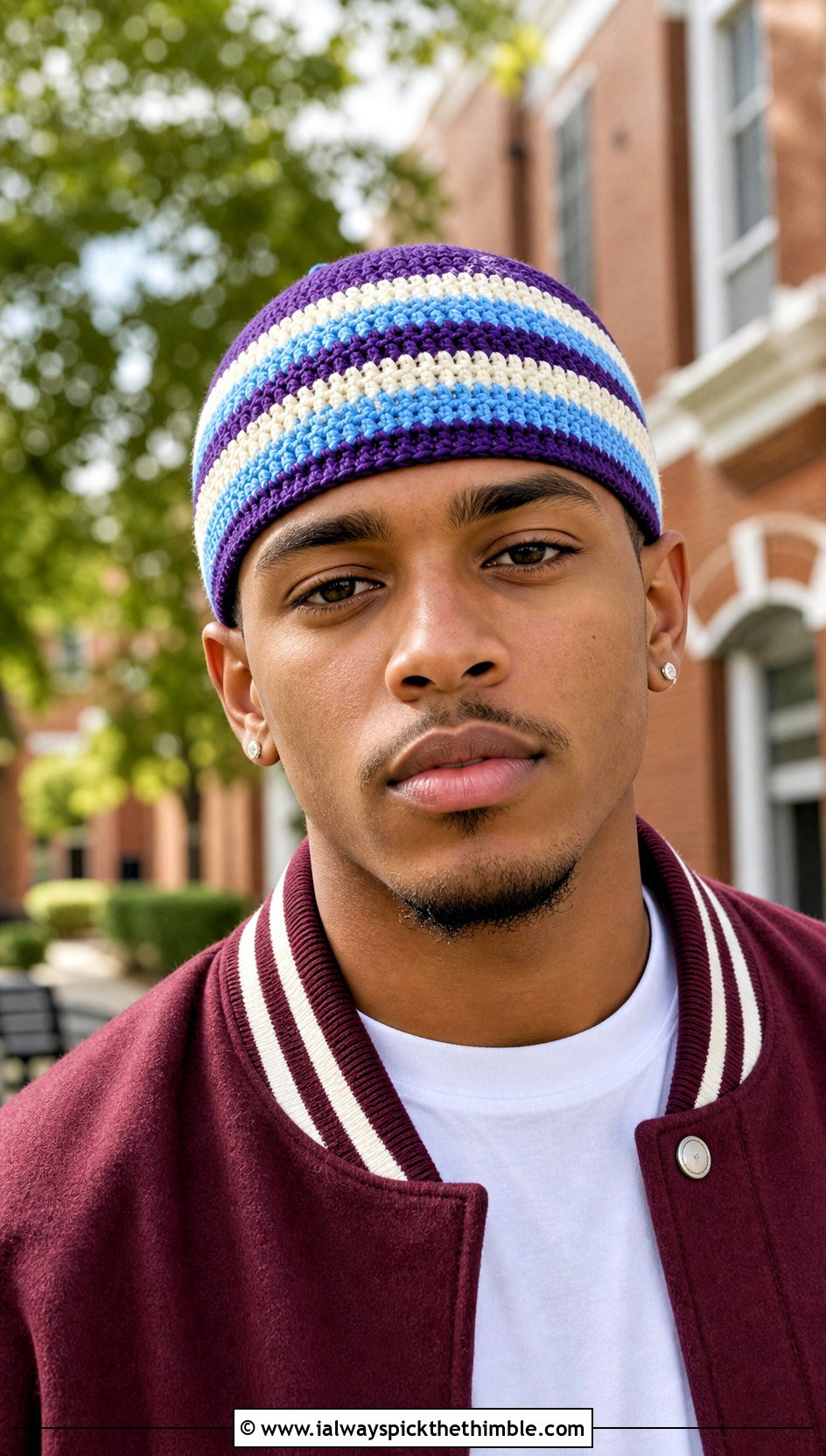 Striped Crochet Cap With Varsity Jacket - 25 crochet cap for men outfit ideas