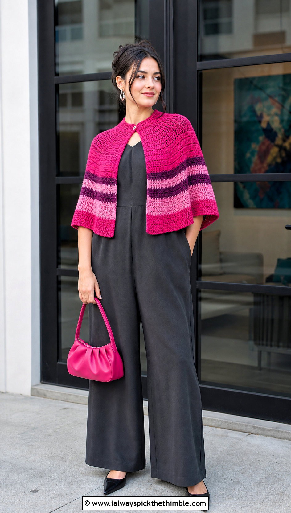 Striped Crochet Cape With A Jumpsuit - 25 crochet cape outfit ideas