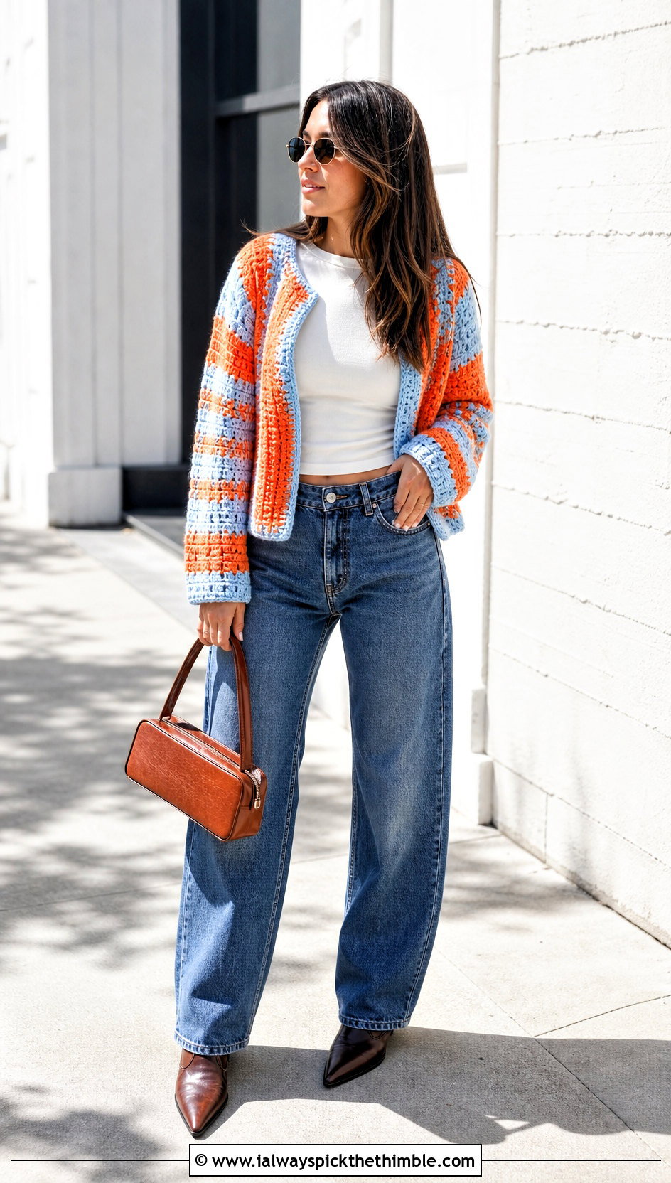 Striped Crochet Cardigan With Barrel Leg Jeans - 25 crocheted cardigan outfit ideas