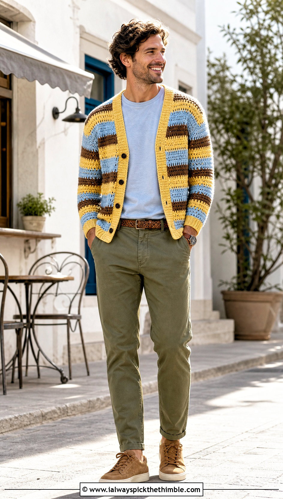 Striped Crochet Cardigan With Chinos - 20 men's crochet cardigan outfit ideas