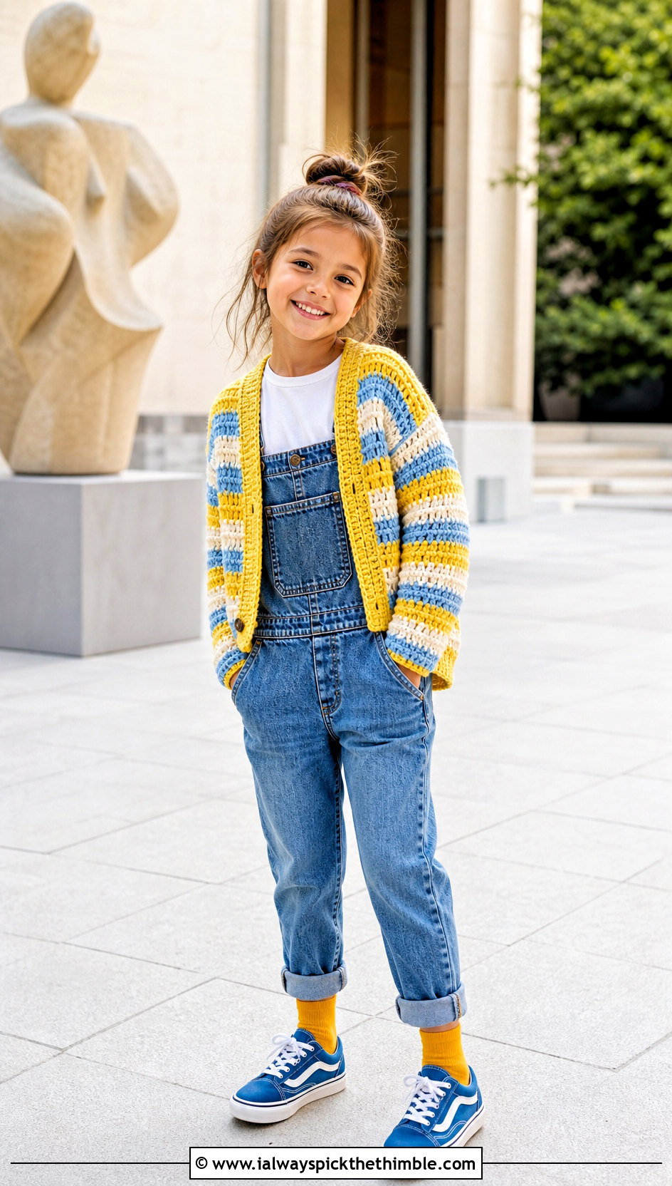 Striped Crochet Cardigan With Denim Overalls - 20 Childs Crochet Cardigan outfit ideas
