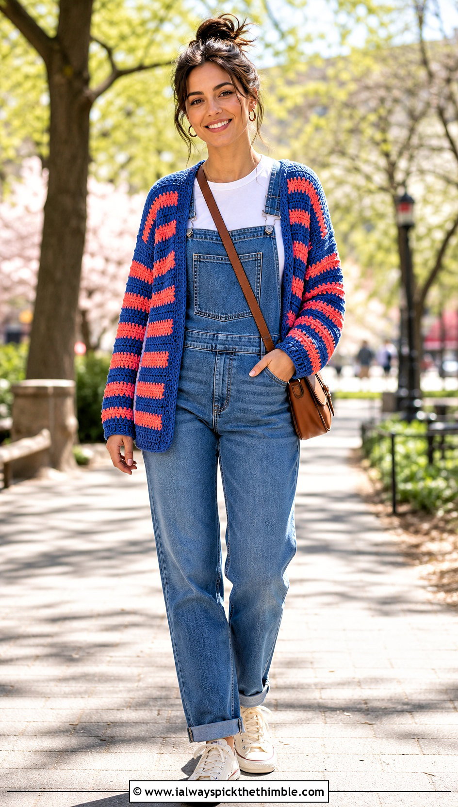 Striped Crochet Cardigan With Denim Overalls - 25 crochet cardigan women outfit ideas