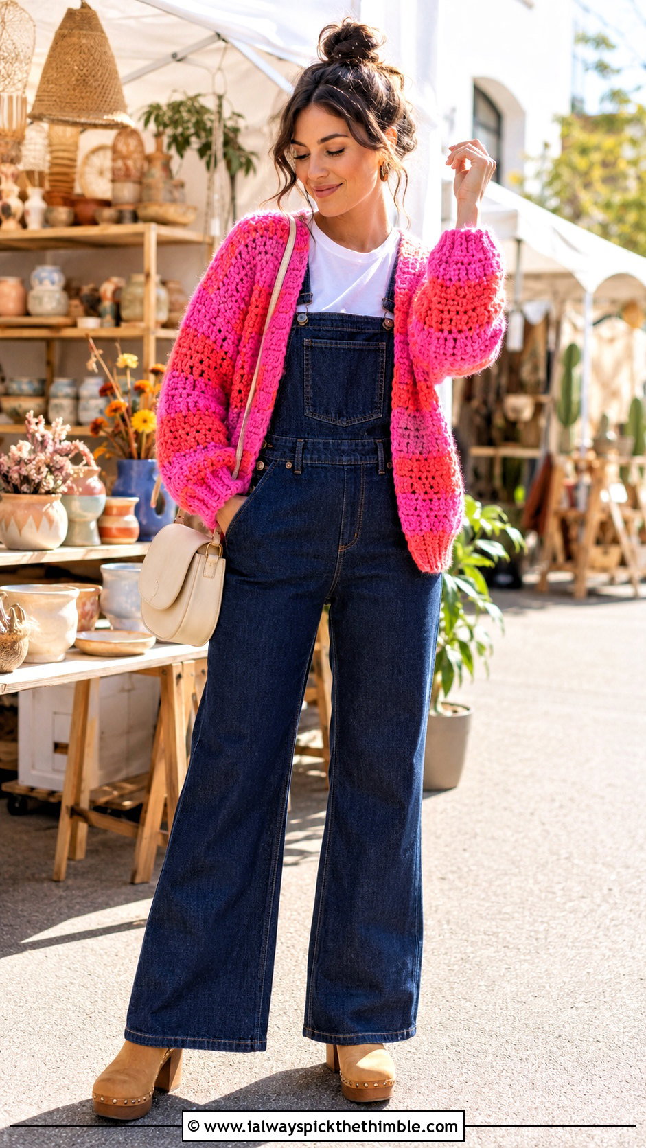 Striped Crochet Cardigan With Denim Overalls - 15 Aesthetic Crochet Cardigan outfit ideas