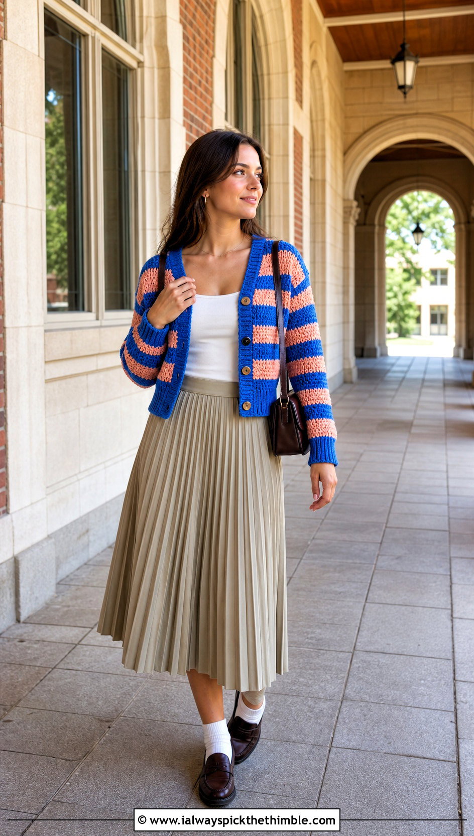 Striped Crochet Cardigan With Pleated Midi Skirt - 20 crochet for ladies cardigans outfit ideas