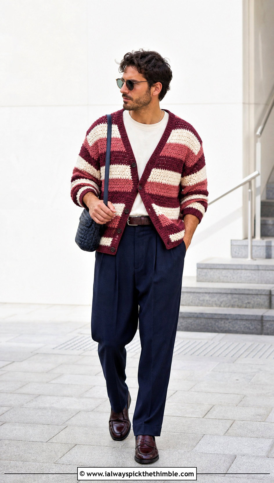 Striped Crochet Cardigan With Pleated Trousers - 20 crochet man cardigan outfit ideas